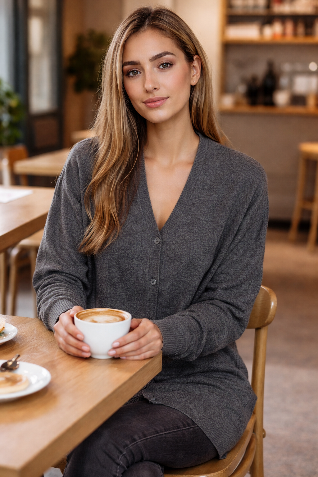 Women's Light Grey V-Neck Cardigan – Soft & Versatile Layer