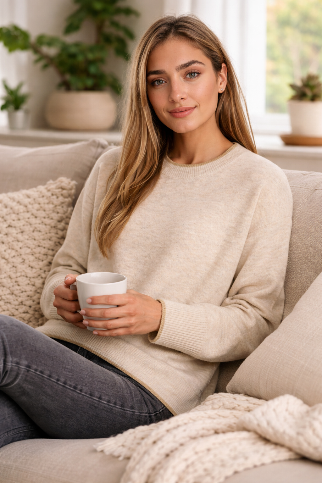Women's Ease Beige Contrast Trim Crewneck Jumper