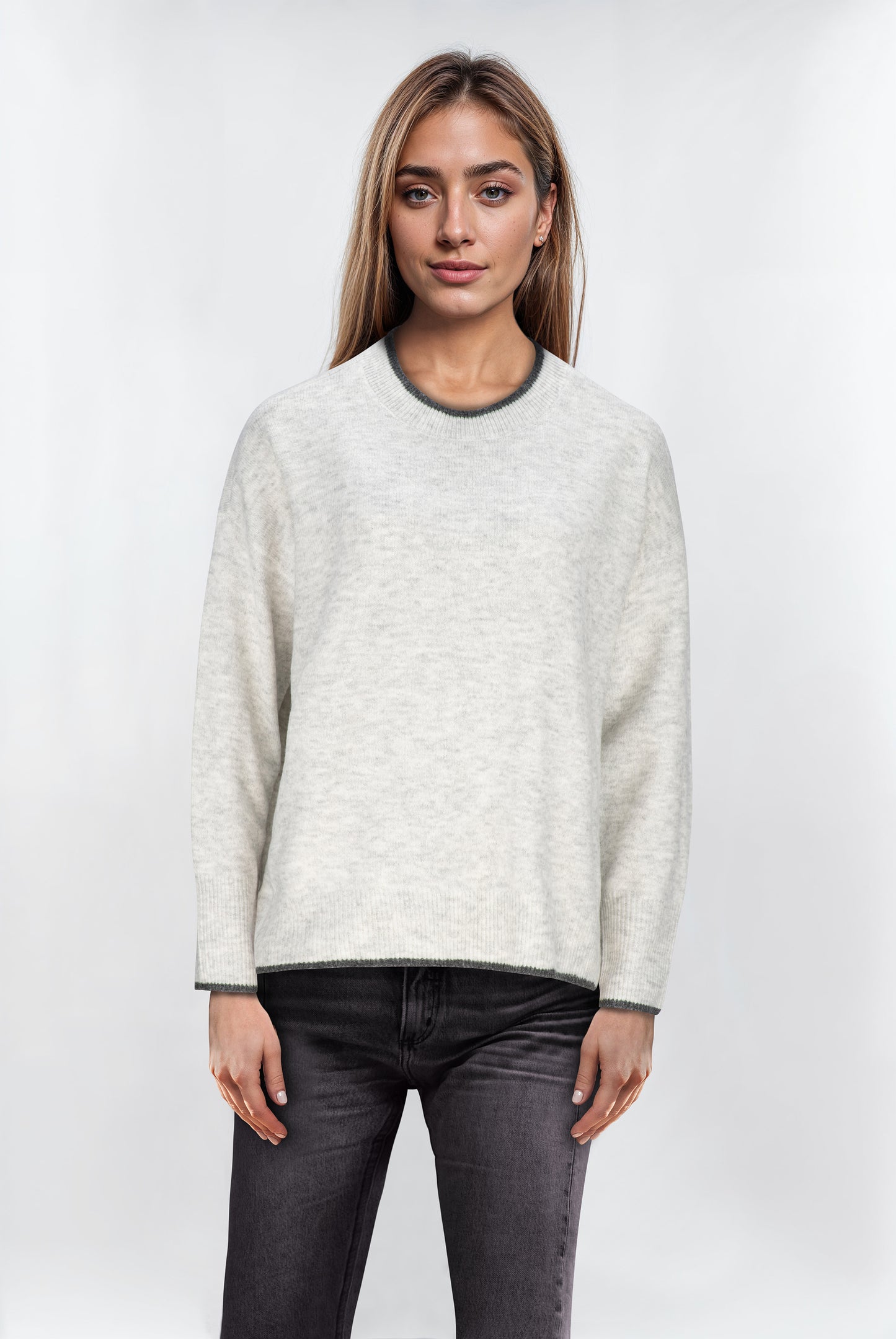 Women's Light Grey Contrast Trim Crewneck Jumper