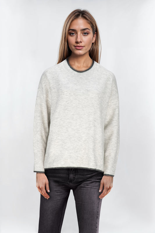 Women's Light Grey Contrast Trim Crewneck Jumper