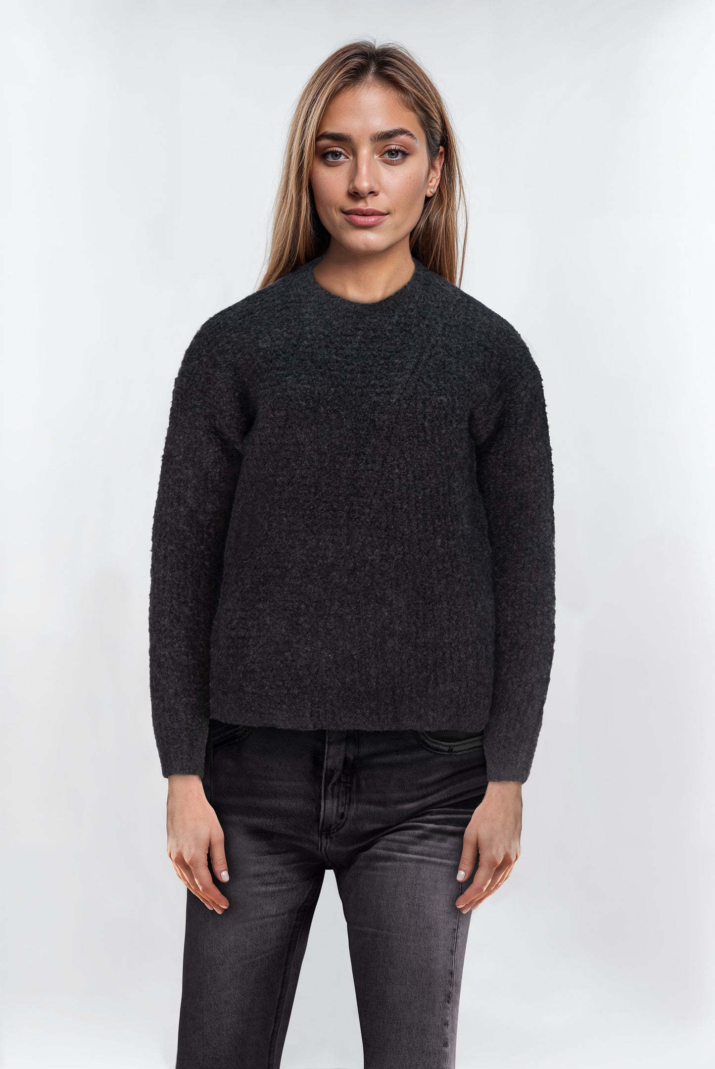 Women’s Charcoal Crew Neck Ribbed Jumper – Soft Knit, Everyday Essential
