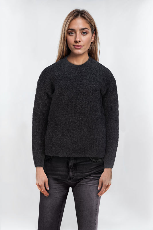 Women’s Charcoal Crew Neck Ribbed Jumper – Soft Knit, Everyday Essential