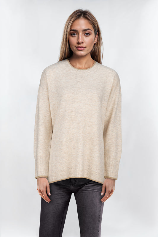 Women's Ease Beige Contrast Trim Crewneck Jumper