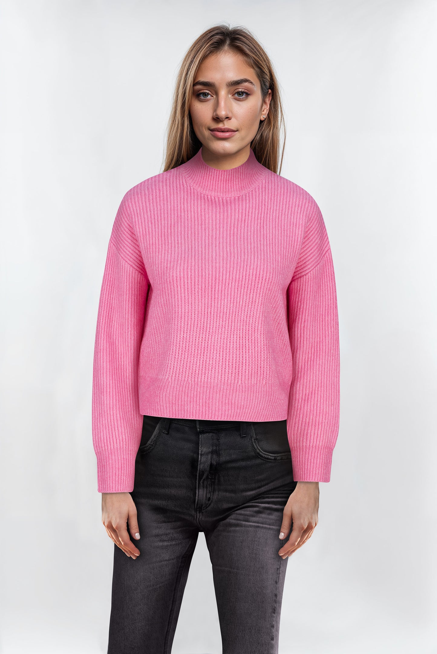 Women’s Pink High Neck Cropped Jumper – Soft Knit, Modern Fit