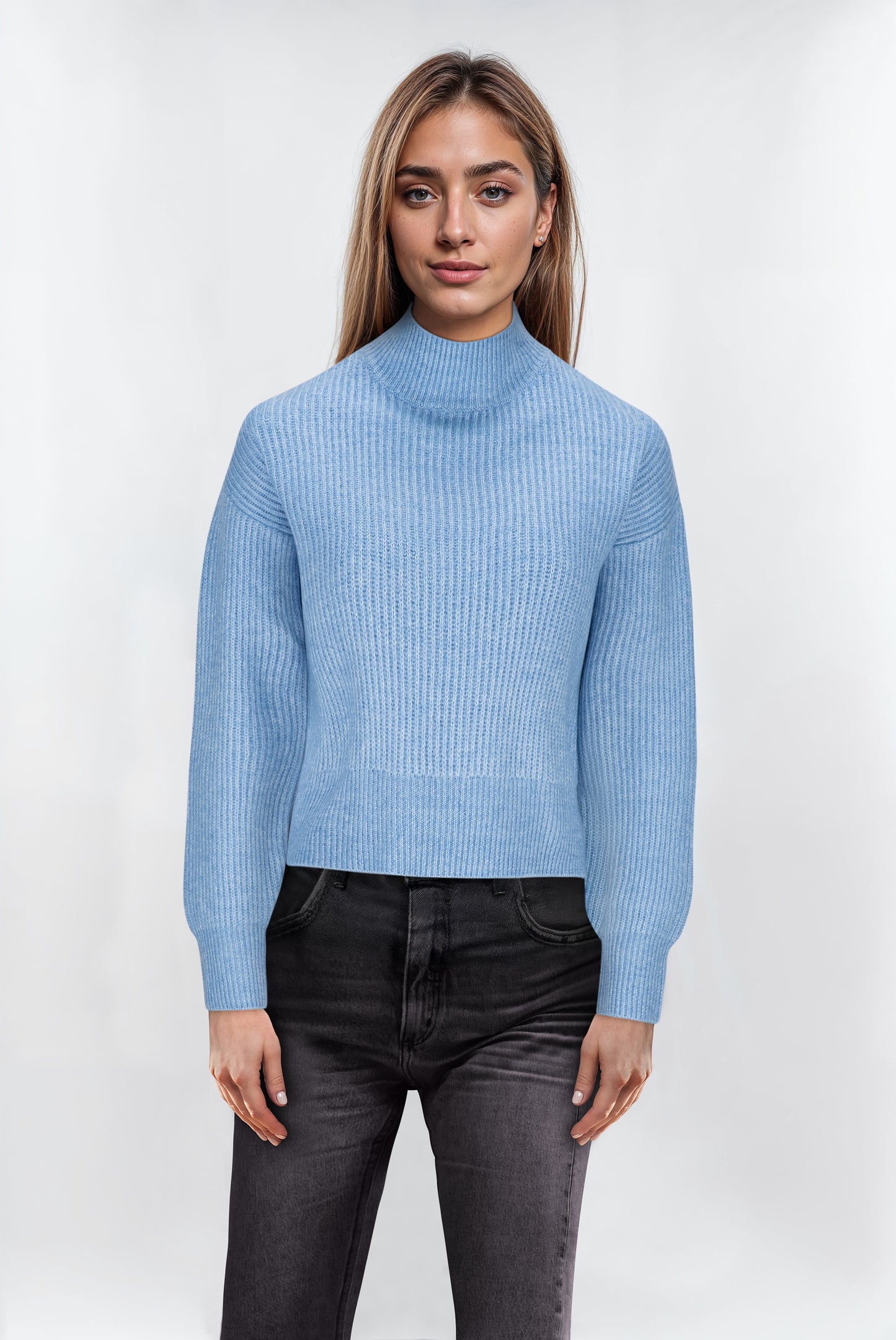 Women’s Light Blue High Neck Cropped Jumper – Soft Knit, Modern Fit