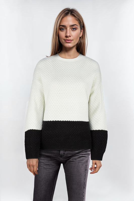 Women's Two-Tone Crew Neck Jumper – Off-White & Black