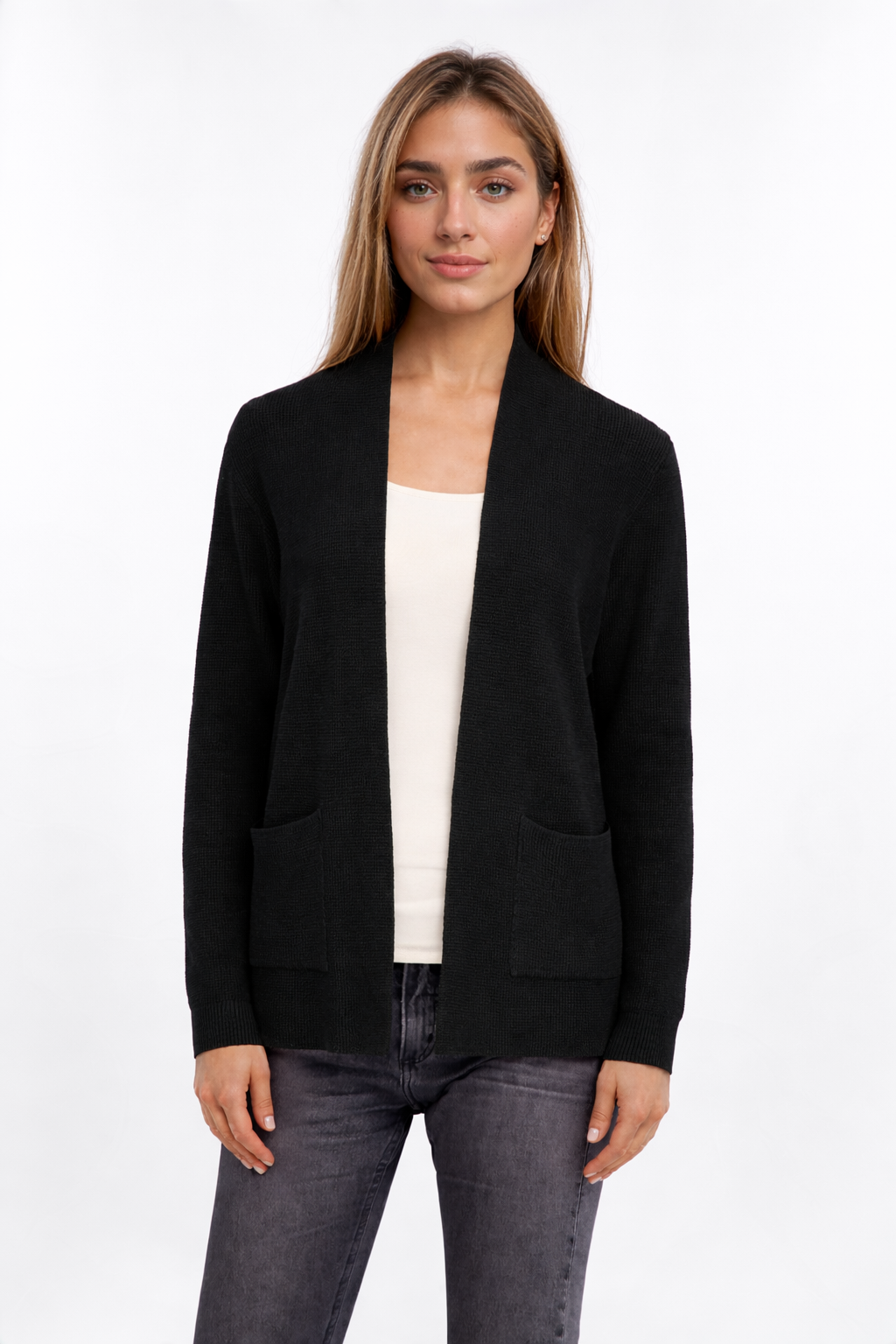 Black Lightweight Open-Front Knit Cardigan Sweater for Women