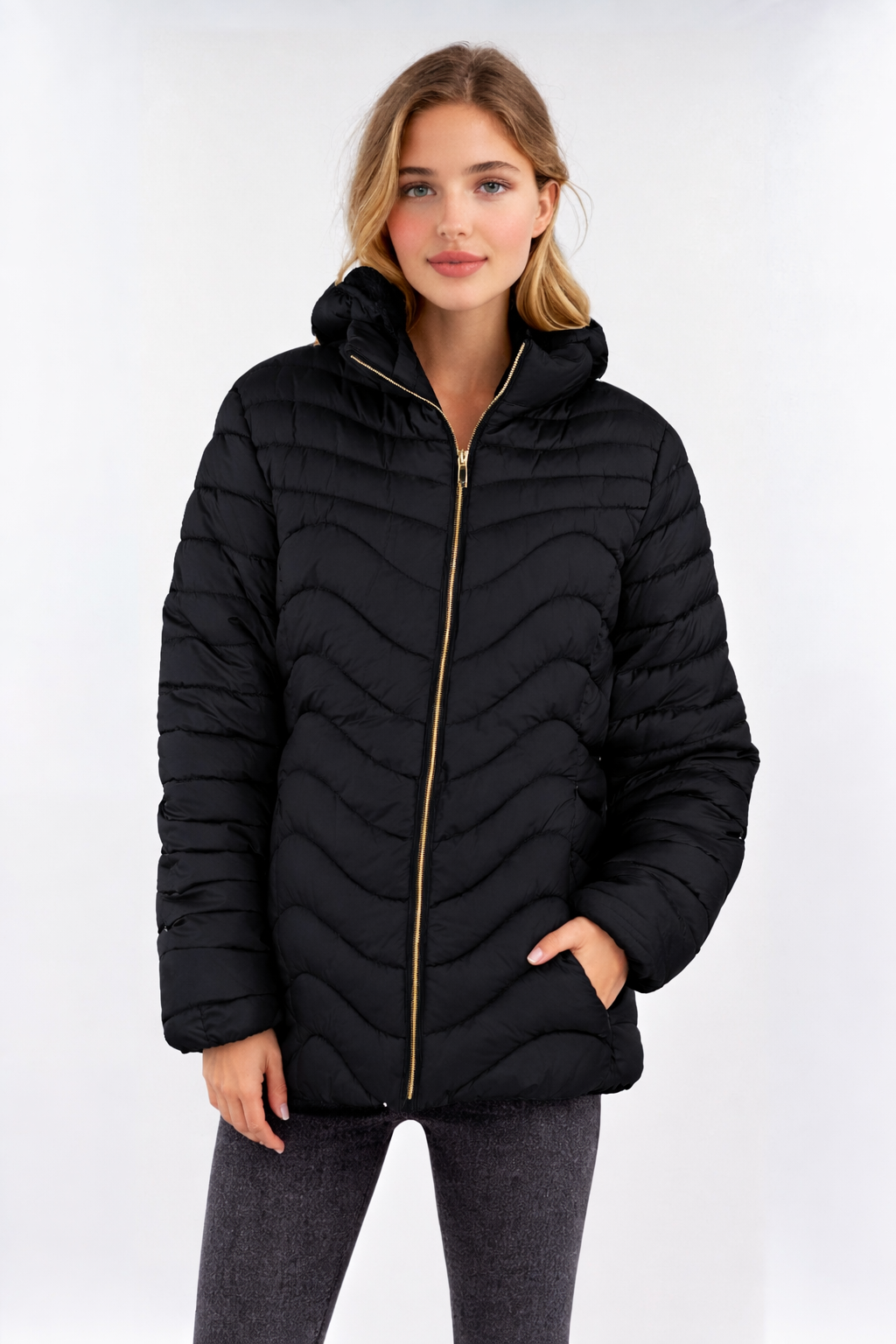 Women's Black Padded Jacket with Faux Fur Lining