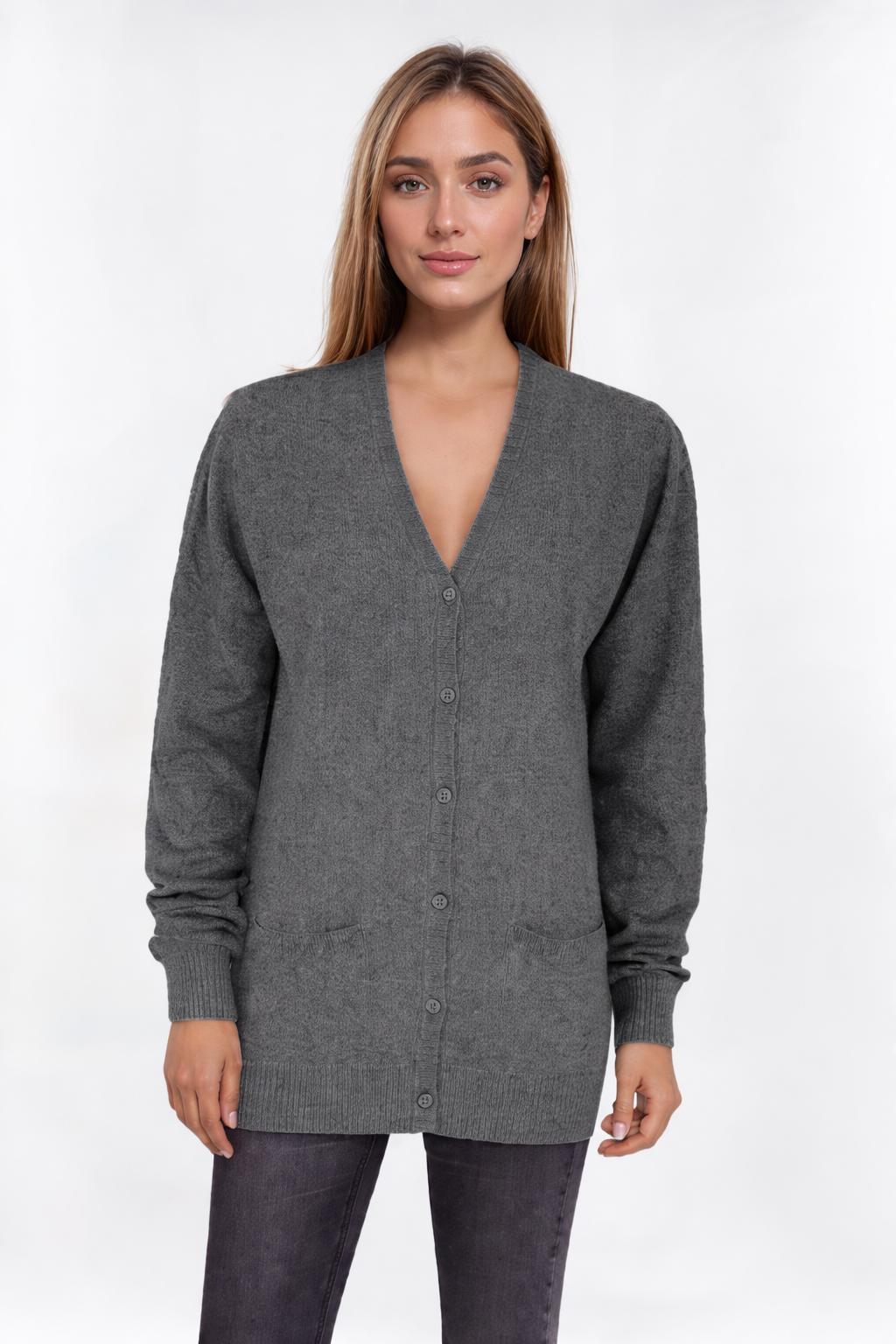 Women's Light Grey V-Neck Cardigan – Soft & Versatile Layer