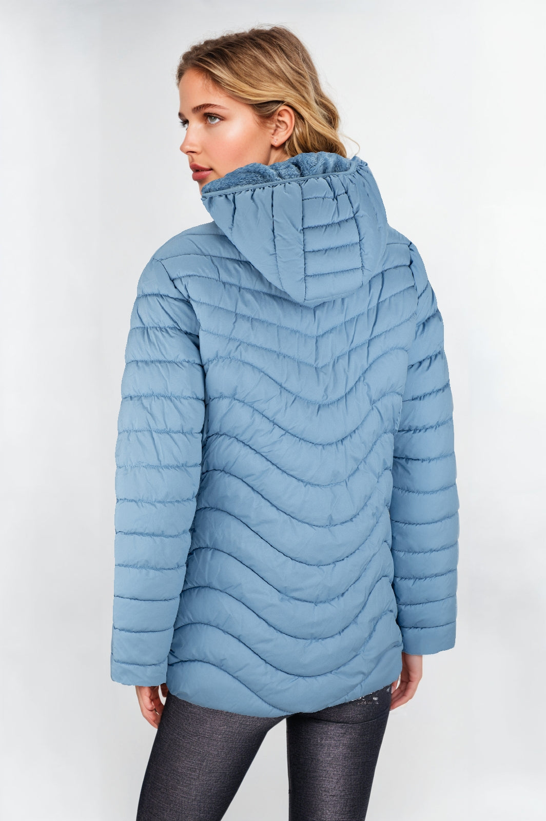 Women's Light Blue Padded Jacket with Faux Fur Lining