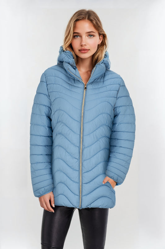 Women's Light Blue Padded Jacket with Faux Fur Lining