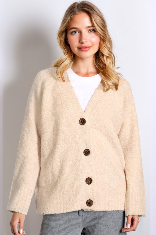 Women's Beige V-Neck Button-Up Loose Cardigan Sweater