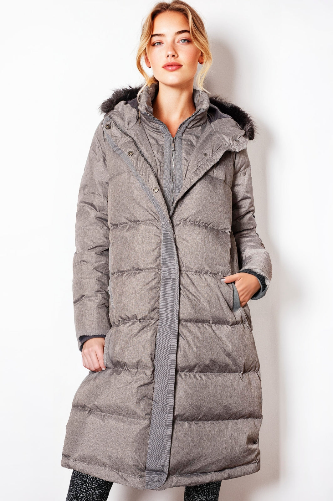 Women's Longline Grey Down Jacket with Hood