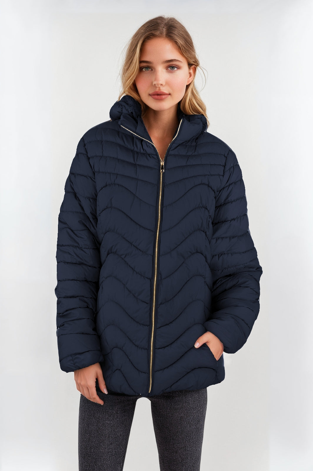Women's Navy Blue Padded Jacket with Faux Fur Lining