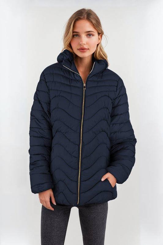 Women's Navy Blue Padded Jacket with Faux Fur Lining