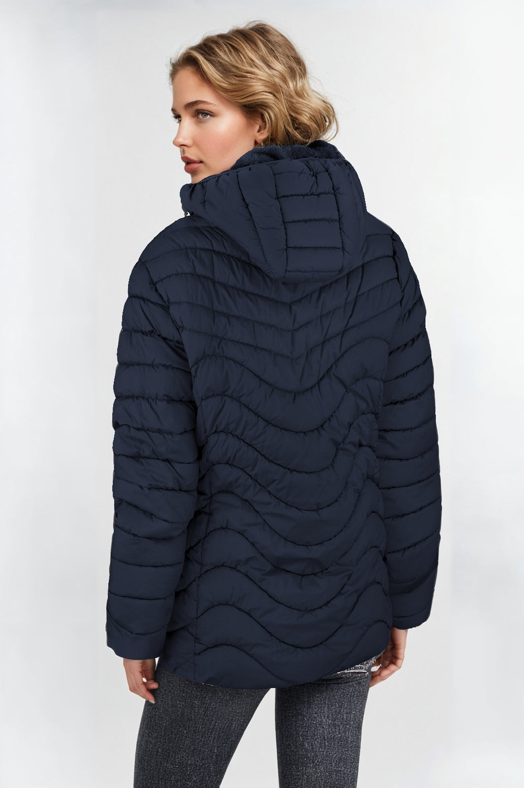 Women's Navy Blue Padded Jacket with Faux Fur Lining