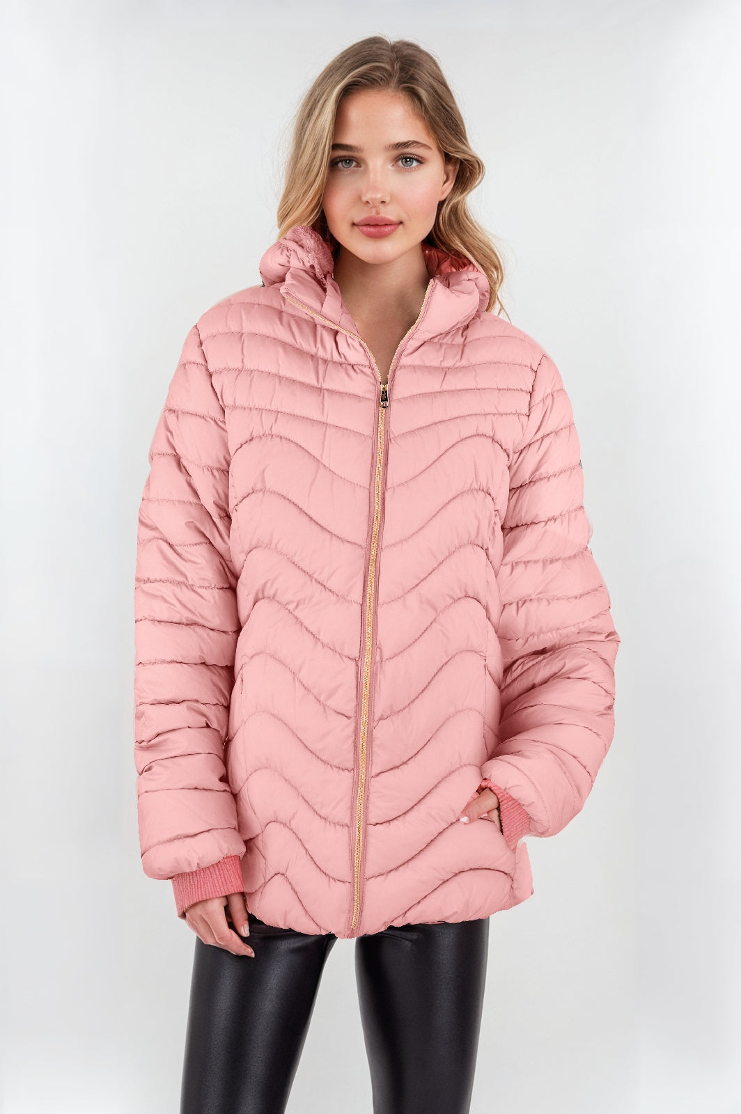 Women's Pink Padded Jacket with Faux Fur Lining