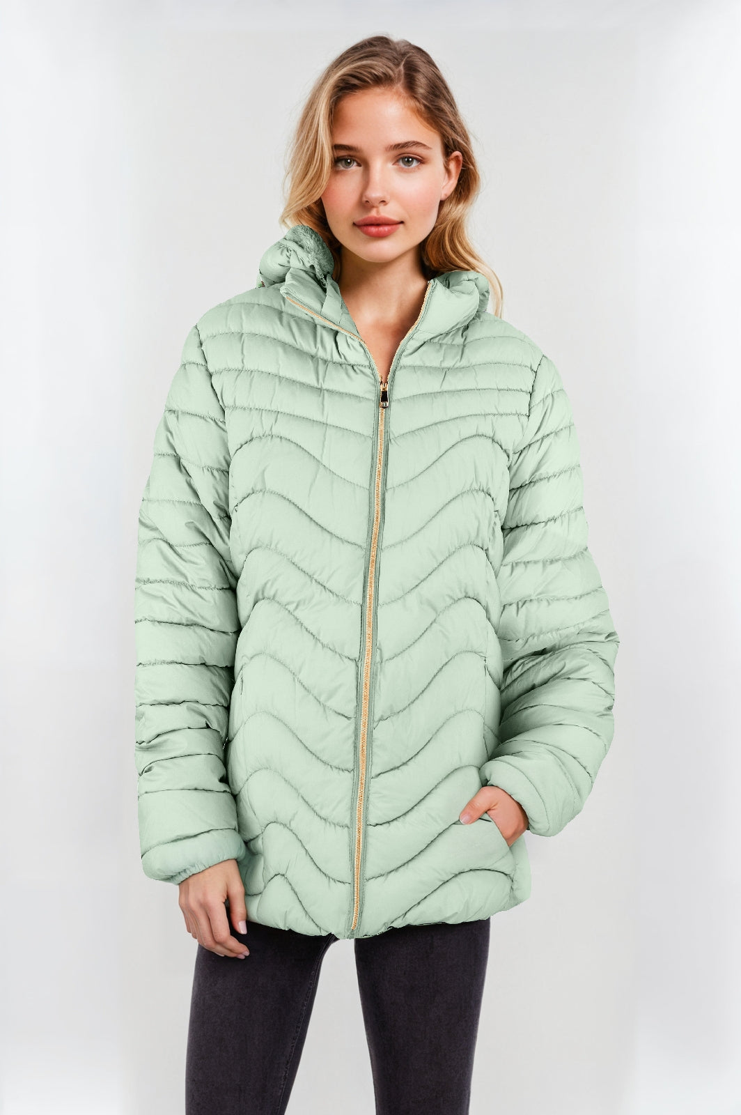 Women's Light Green Padded Jacket with Faux Fur Lining
