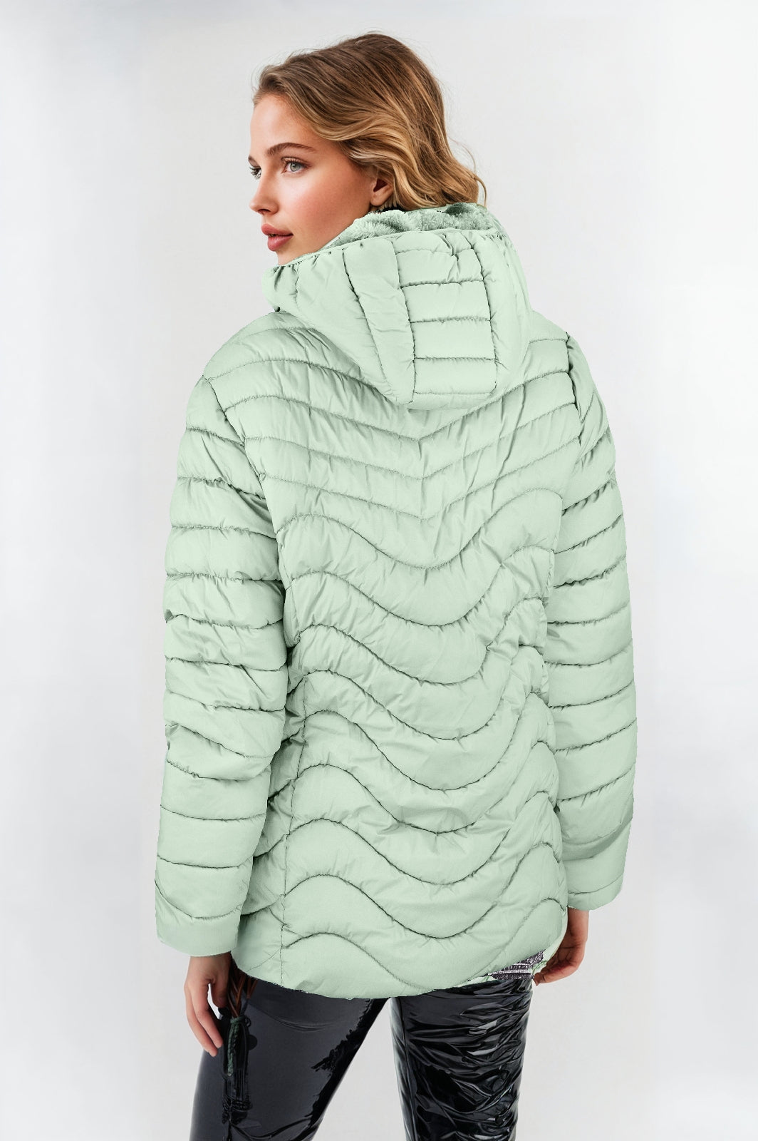 Women's Light Green Padded Jacket with Faux Fur Lining