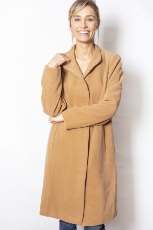 Funnel-Neck-One-Button-Coat-front-camel